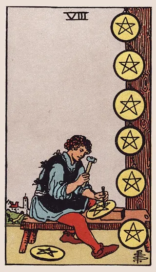 Eight of Pentacles tarot card, Rider–Waite–Smith deck
